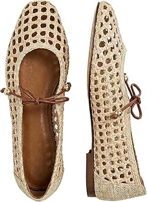 Women Woven Mesh Ballet Flats Raffia Lace up Ballerina Mary Jane Flats Fashion Casual Slip on Sho... | Amazon (US)