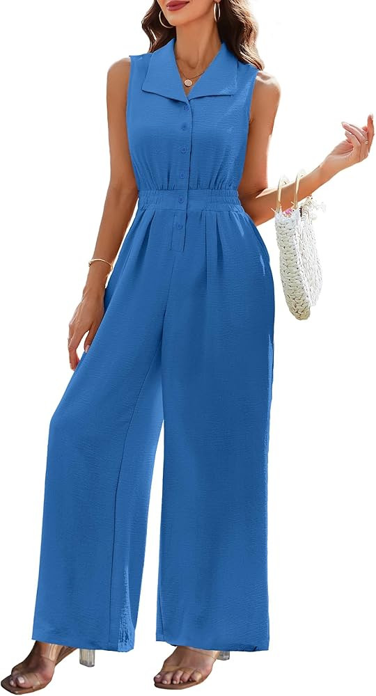 Women Dressy Summer Casual Jumpsuit Sleeveless V Neck Wide Leg Pants Rompers Fashion Elegant One ... | Amazon (US)