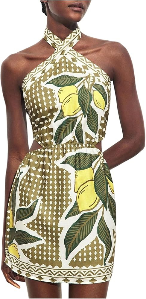 MakeMeChic Women's Boho Mini Dress Summer Beach Vacation Halter Dresses Floral Sundress | Amazon (US)