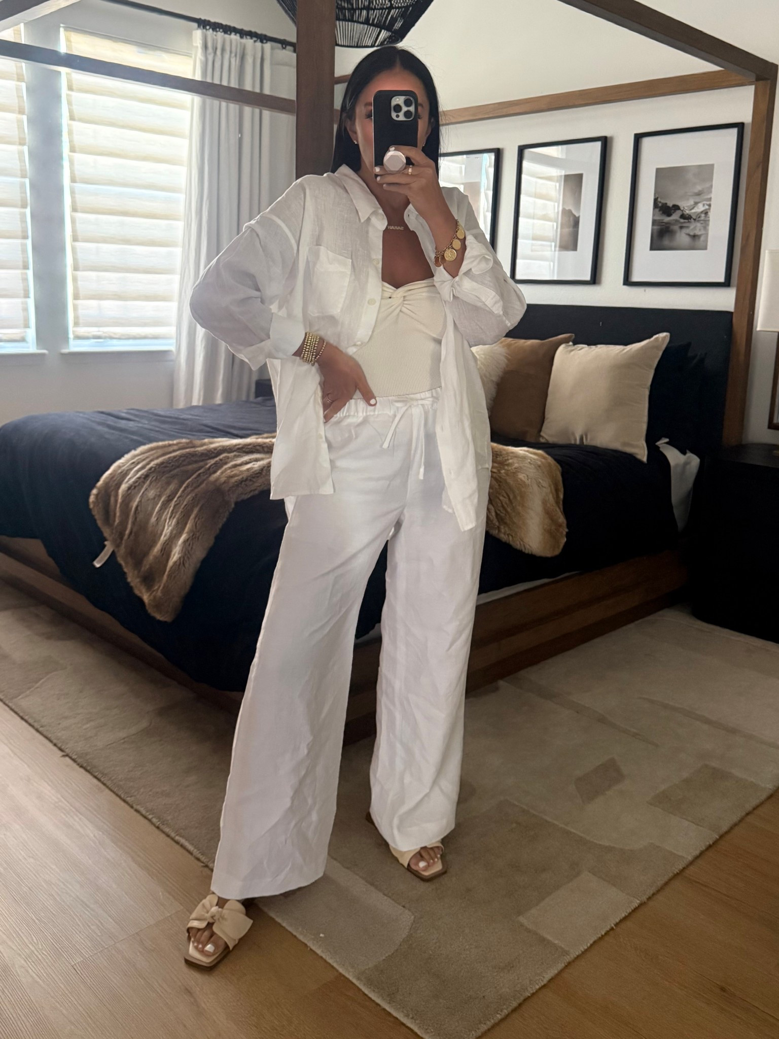 Wilfred CruiseLinen™ Lodge Pant
 wearing size small. WIlifred Relaxed Linen Shirt wearing size small. Strapless Sleeveless Tank Top wearing size medium.
