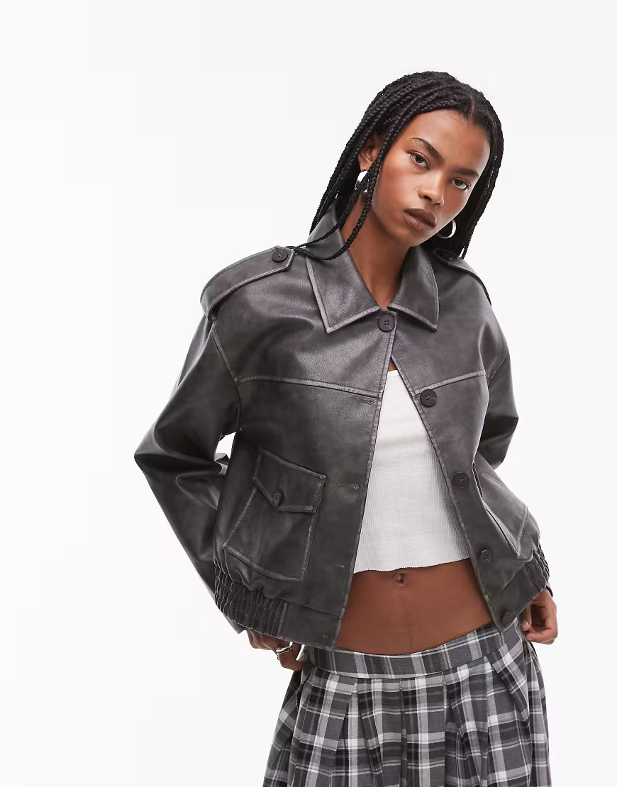 Topshop faux leather cropped button thru patch pocket bomber jacket in washed black-Brown | ASOS (Global)