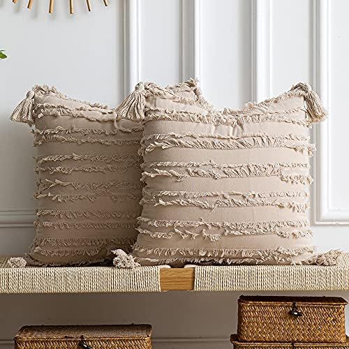 DEZENE Boho Throw Pillow Covers: Set of 2 18x18 Inch Square Beige Striped Jacquard Cotton Linen D... | Amazon (US)