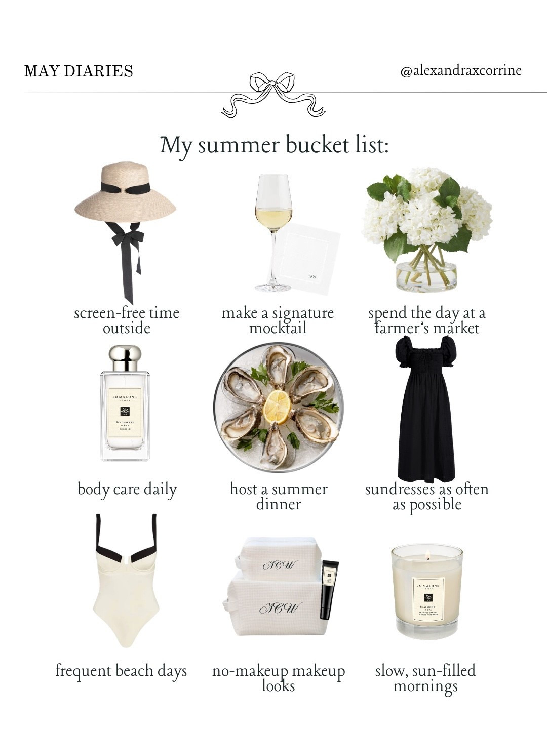 My chic girl summer bucket list 🥂🍽️🦪🍾

#summeraesthetic #summerbucketlist #luxuryaesthetic #chicliving #pinterestinspo 

[ luxury summer aesthetic, summer bucket list, chic summer mood board, chic girl summer essentials, Meredith Blake summer, chic beach vibes, classic summer style, Pinterest mood board aesthetic ]

#LTKSeasonal