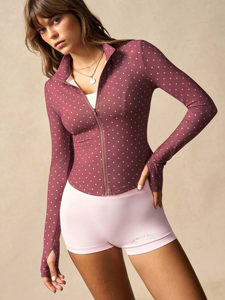 LocalVARSIVA Polka Dot Pink Long Sleeve Women Sports Jacket, Zip-Up Fitted Long Sleeve Women Spor... | SHEIN