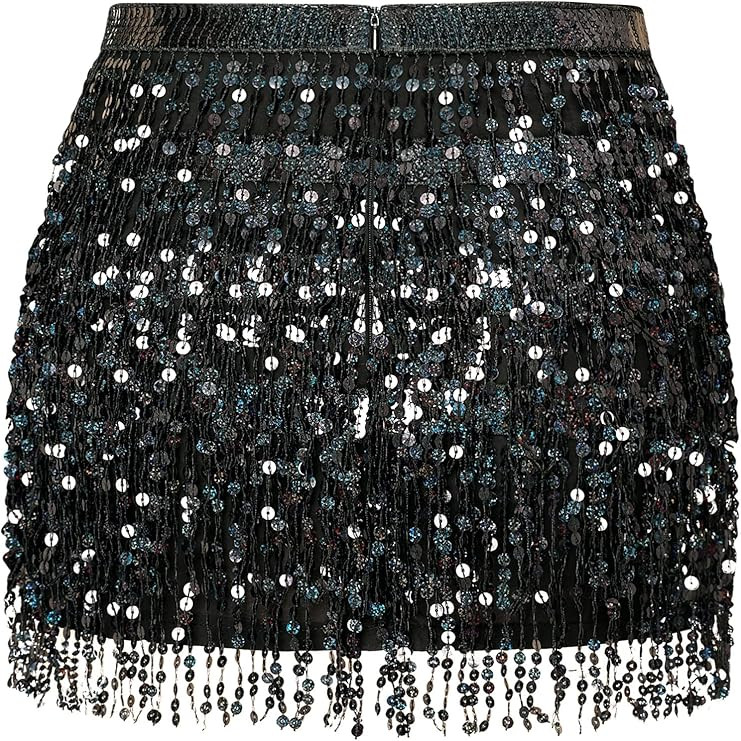 MYMORE Womens Sparkly Sequin Fringe Skirt - Black Rave Concert Disco Space Cowgirl Outfit Glitter... | Amazon (US)