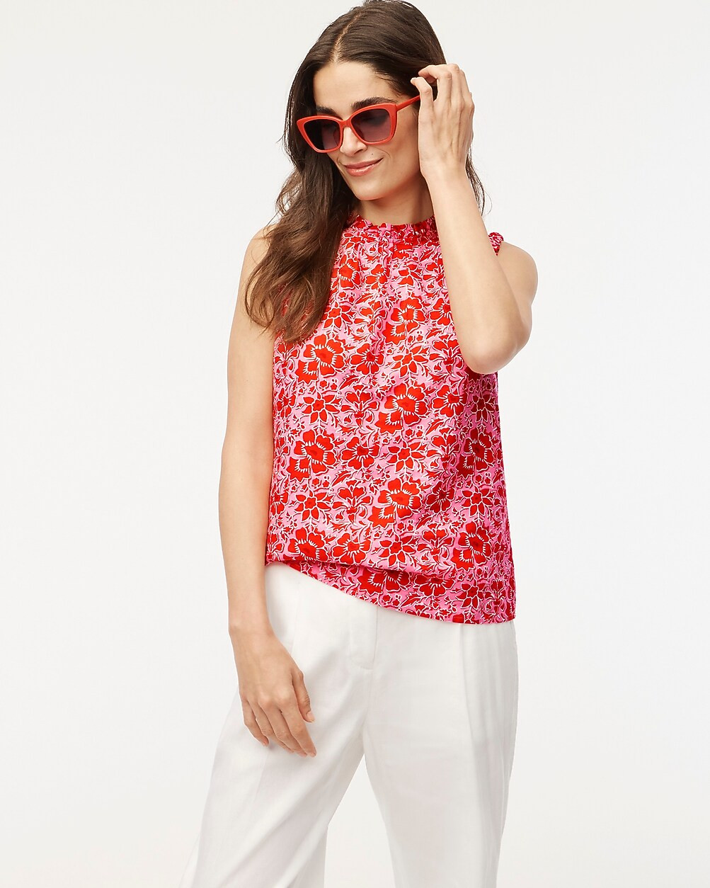 Printed linen-blend ruffleneck top | J.Crew Factory