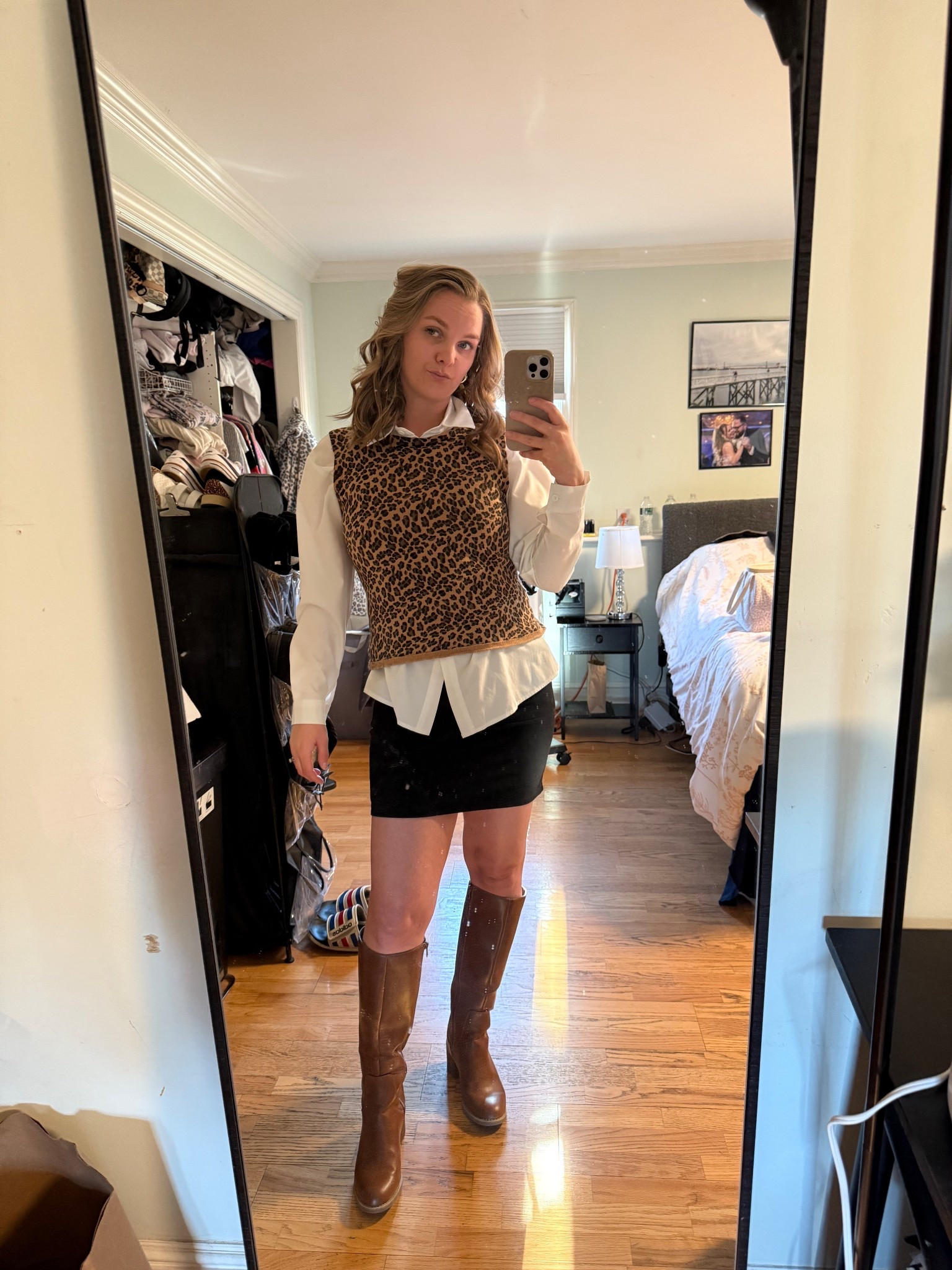 Brown boots with a mini skirt and leopard vest top and long sleeve button down 



#LTKFindsUnder50 #LTKWorkwear #LTKootd