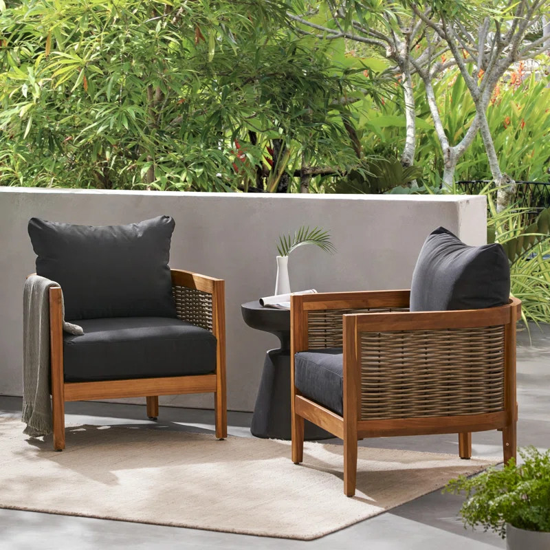 Boling Outdoor Acacia Wood Club Chairs With Cushions (Set of 2) | Wayfair North America