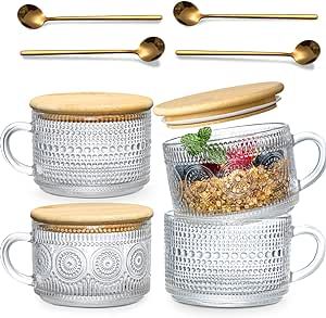 LANDNEOO 4pcs Set Vintage Coffee Mugs, Overnight Oats Containers with Bamboo Lids and Spoons - 14... | Amazon (US)