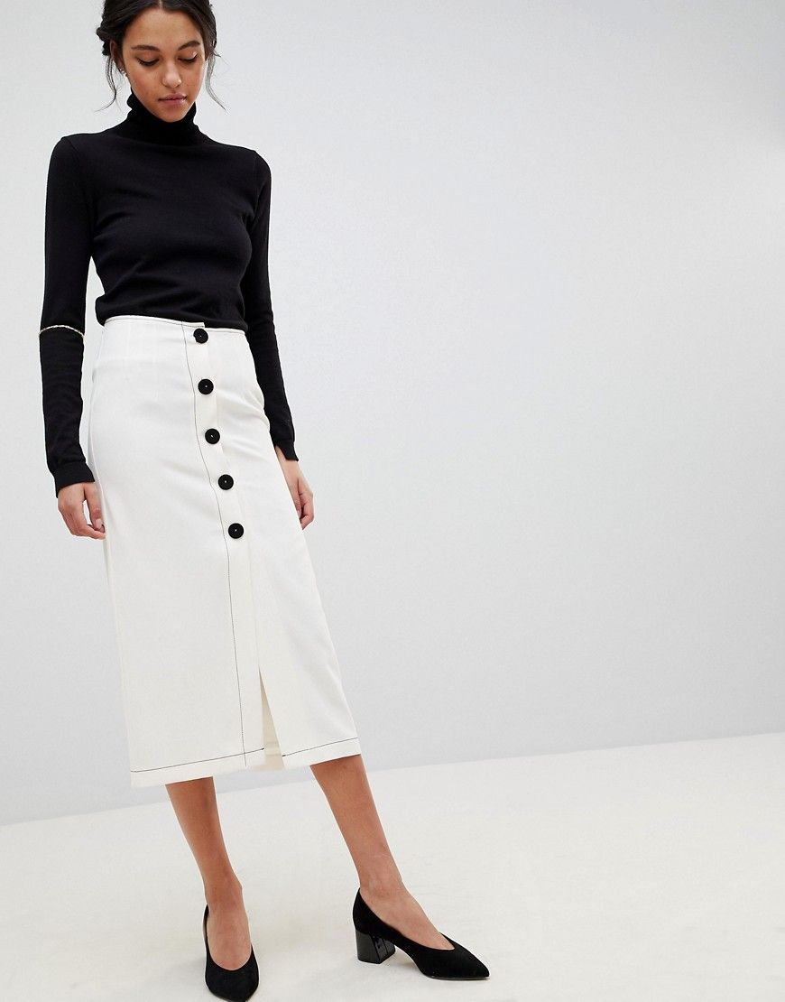 ASOS DESIGN midi skirt with contrast buttons - White | ASOS US