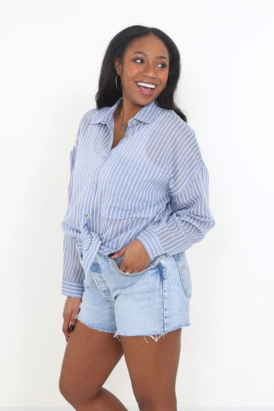 ACOA Clothing Striped Oversized Long Sleeve Button Down Top for Women in Blue | Glik's