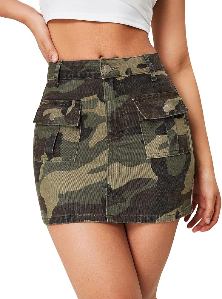 WDIRARA Women's Camo Print High Waist Pocket Stretch Mini Bodycon Skirt | Amazon (US)