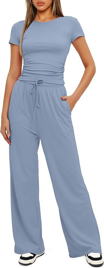 Darong Women's 2 Piece Outfits Lounge Sets Ruched Short Sleeve Tops and High Waisted Wide Leg Pan... | Amazon (US)