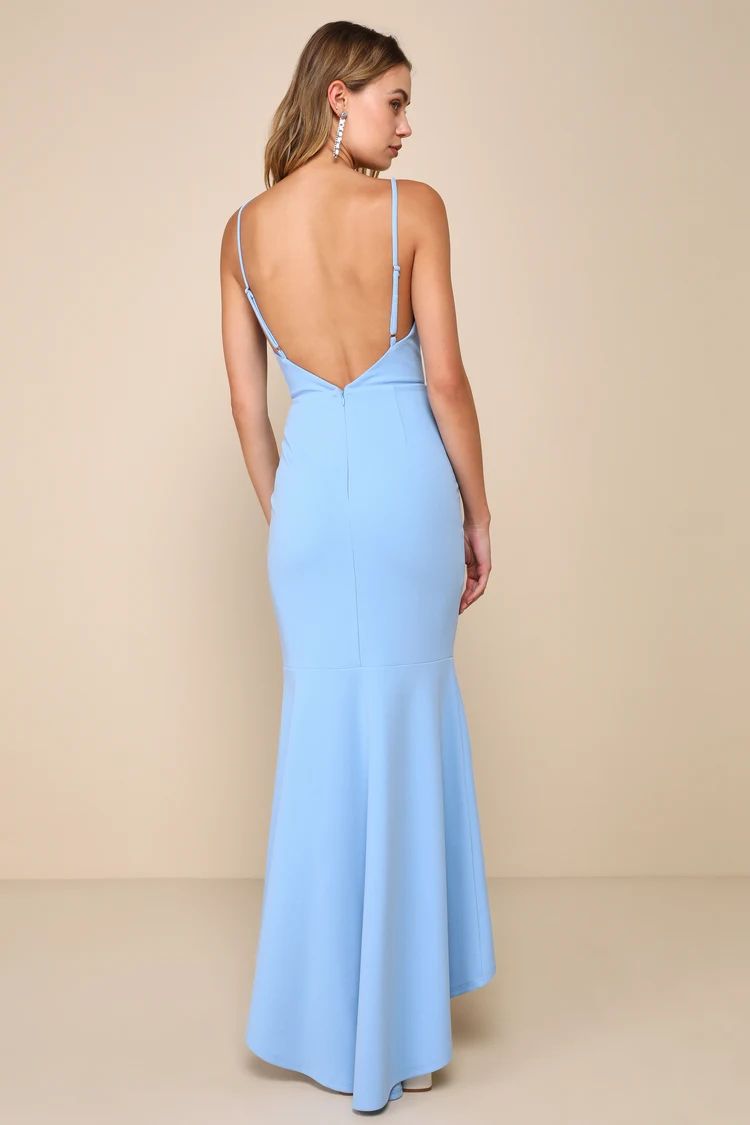 Stunning Enchantment Light Blue Backless Trumpet Hem Maxi Dress | Lulus