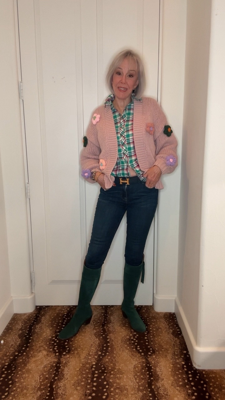 Cozy floral appliqué sweater that comes in 4 colors worn over skinny jeans, pink plaid shirt and green suede boots
@anthropologie 

#LTKshoecrush #LTKSeasonal #LTKover40