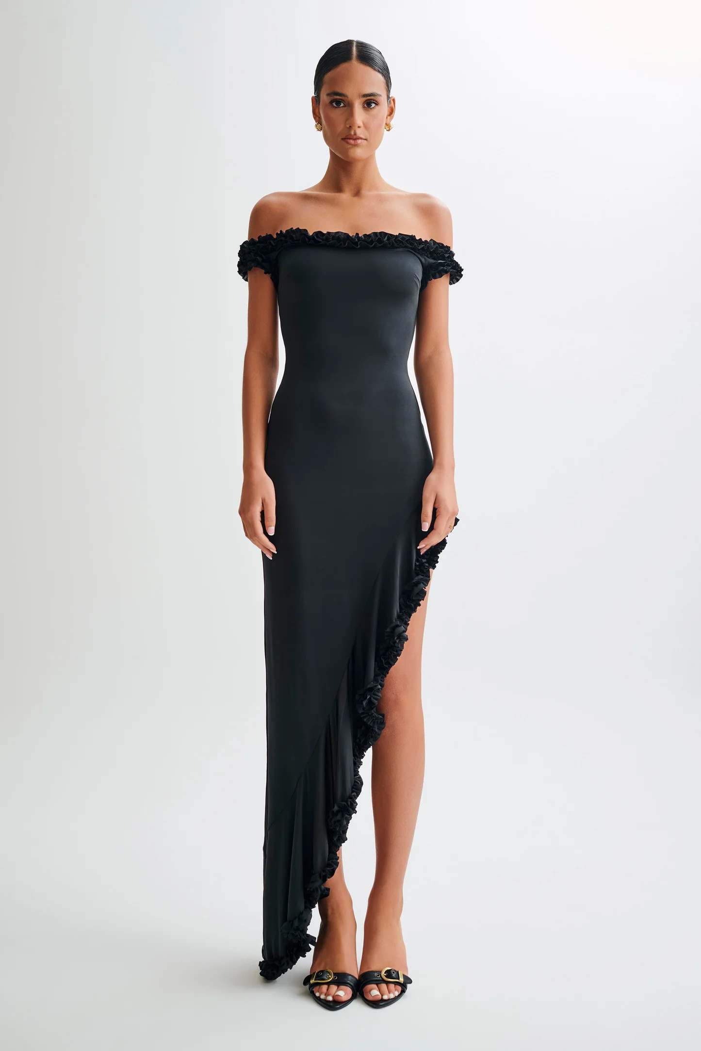 Arielle Off Shoulder Ruffle Midi Dress - Black | MESHKI US