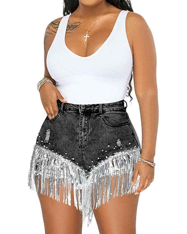 CYLADY Women High Waisted Denim Shorts Ripped Jeans Frayed Raw Hem Tassels Jean Shorts | Amazon (US)