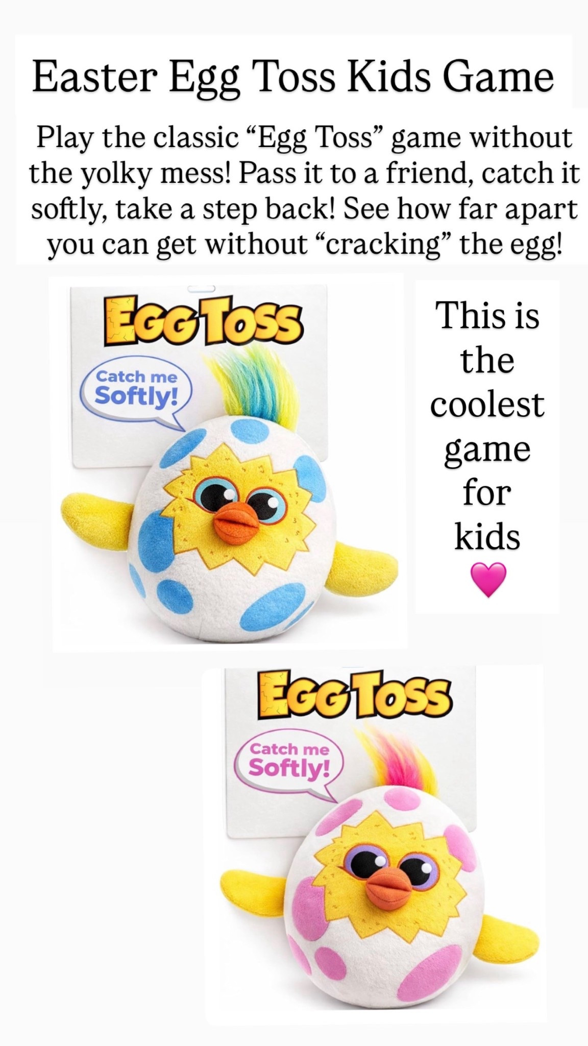 Easter Egg Toss 🩷 Play the classic “Egg Toss” game without the yolky mess! Pass it to a friend, catch it softly, take a step back! See how far apart you can get without “cracking” the egg!

#LTKKids