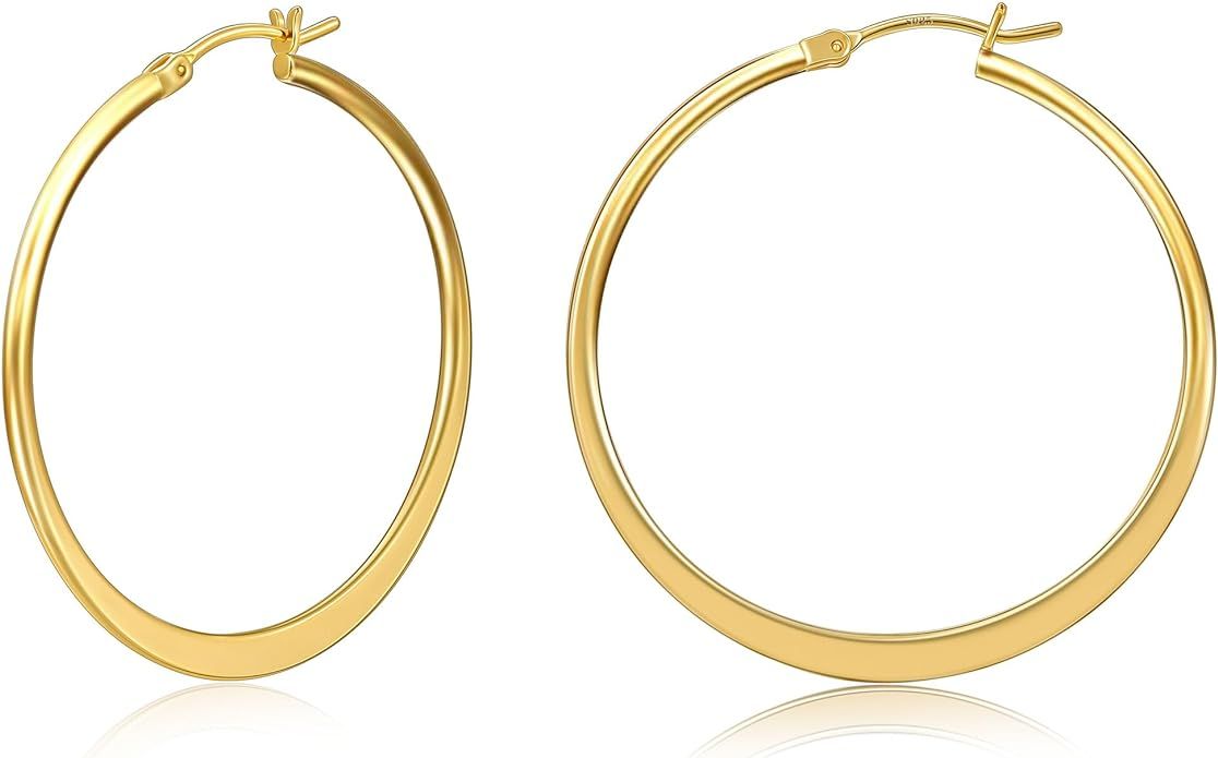 Gacimy Gold Flattened Hoop Earrings for Women, 14K Real Gold Plated Hoops with 925 Sterling Silve... | Amazon (US)
