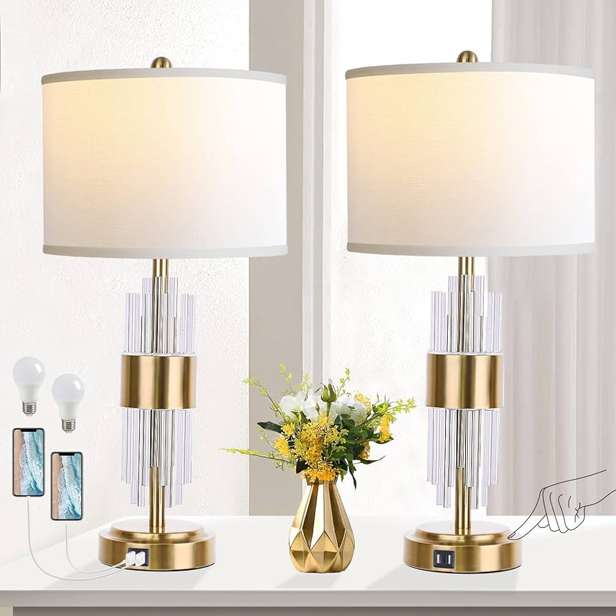 Table Lamp for Living Room with USB Ports, Gold Bedside Lamps for Bedrooms Set of 2 with Touch Co... | Amazon (US)