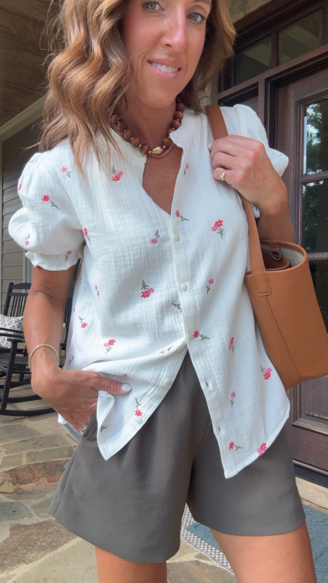 White gauze buttondown.
Size XS. Shorts XS.

#LTKootd #LTKSeasonal #LTKOver40