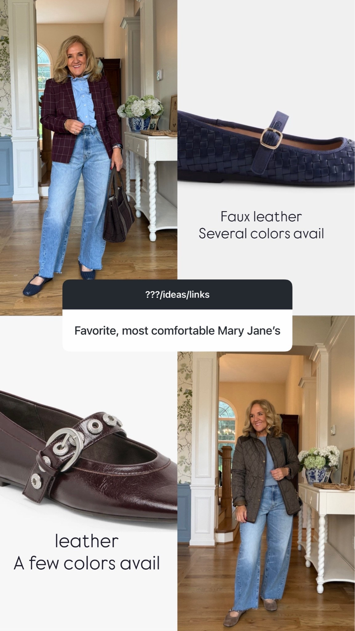 I’m wearing the Hattie barrel jeans in both and I found them on sale. They’re baggy and super cool girl. Wearing a 29.
Burgundy blazer size 10, petite
Black jacket, size medium, but size up if you want to have a Leyer underneath it
Both pair of Mary Jaines are quite comfortable and coming from someone who has a hard time wearing flats that’s a big statement. Just depends on whether you want leather or not. They are true to size.
At these prices, you could have both
