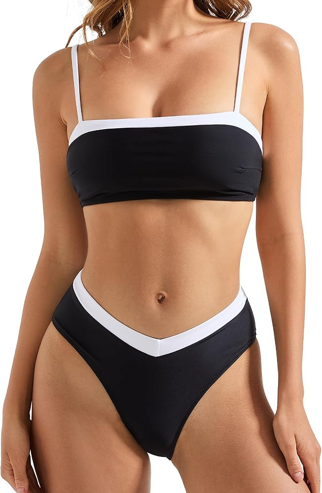 SUUKSESS Women Bandeau High Waited 2 Piece Bikini Set Cheeky High Cut Swimsuit | Amazon (US)