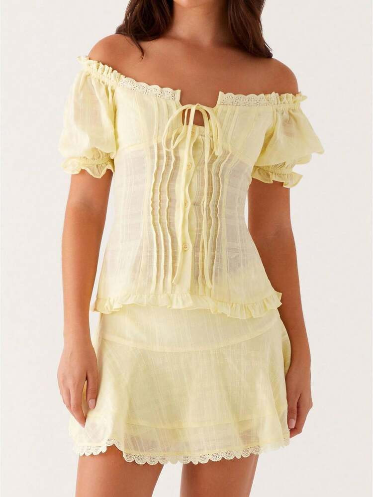 Women Summer 2 Piece Skirts Set Short Sleeve Lace Trim Smocked Tops Shirts + Short Skirts Outfits | SHEIN