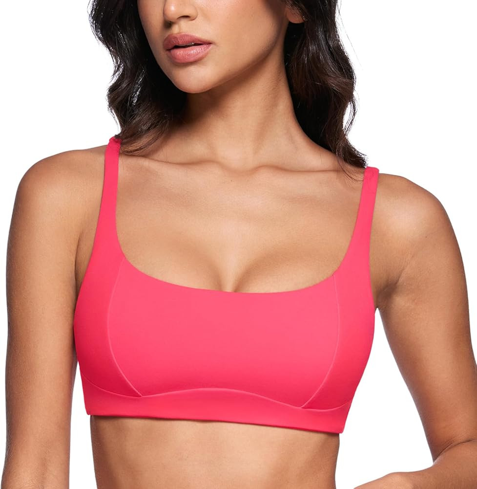 Women's Square Scoop Neck Sports Bra Thin Strap Padded Low Impact Yoga Bandeau Bra Wireless Worko... | Amazon (US)