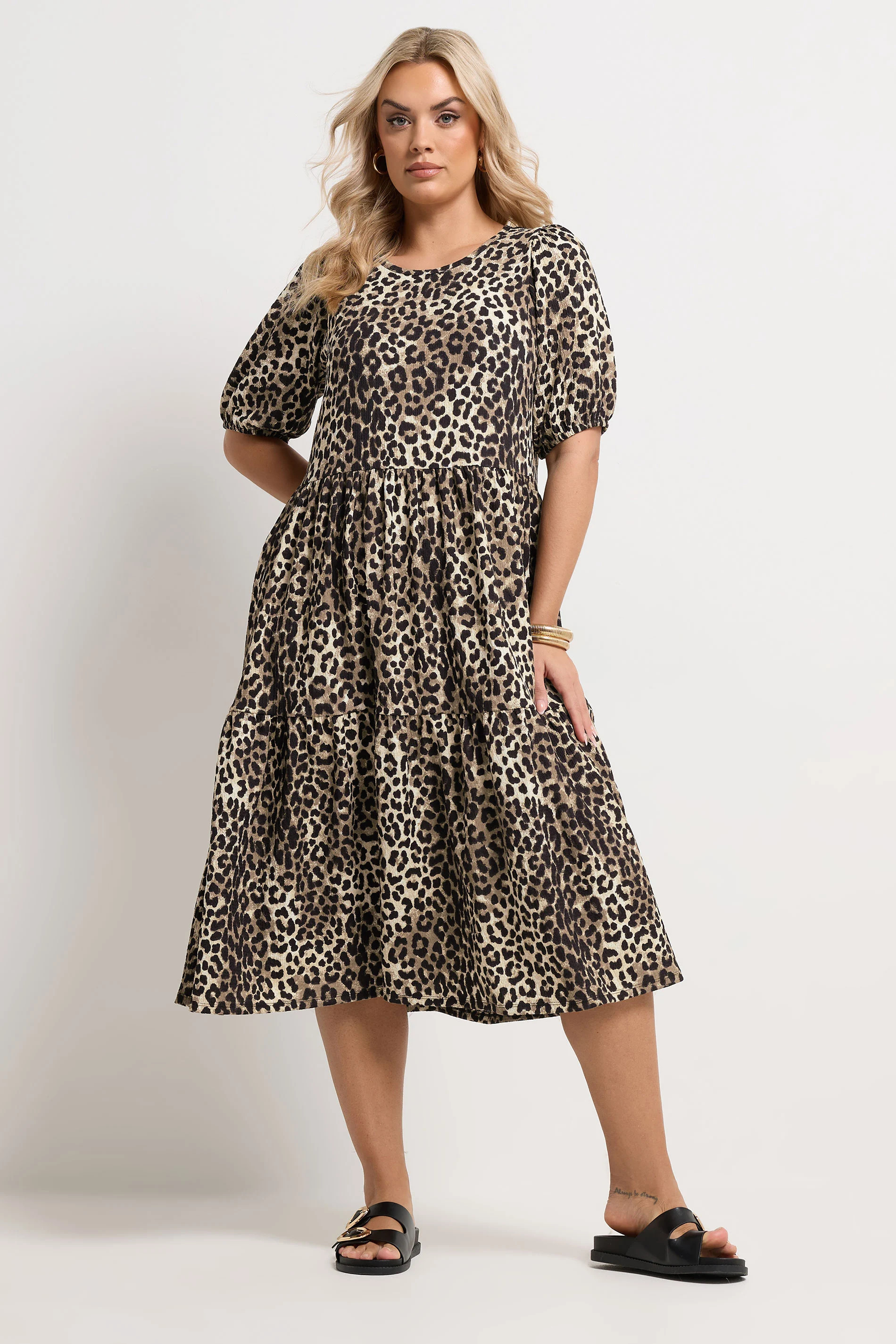 YOURS Plus Size Natural Brown Leopard Tiered Midi Dress | Yours Clothing UK