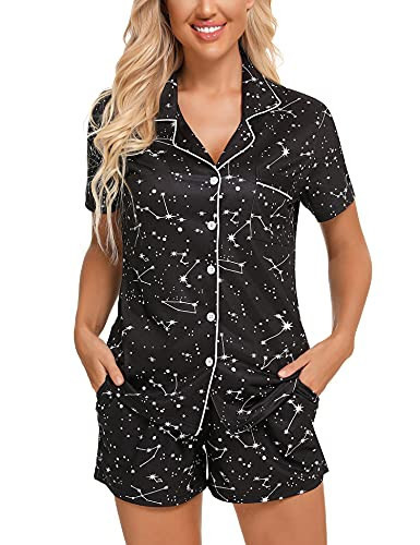 Anjue Bride Pajamas Loungewear Set Women's Short Sleeve Button Down Pajamas with Pjs Shorts Set(A-Black Stars,XXL) | Amazon (US)