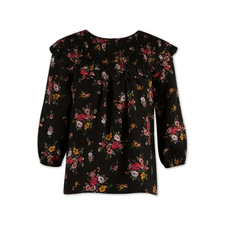 Wonder Nation Girls 4-18 & Plus Long Sleeve Smocked Printed Peasant Top | Walmart (US)