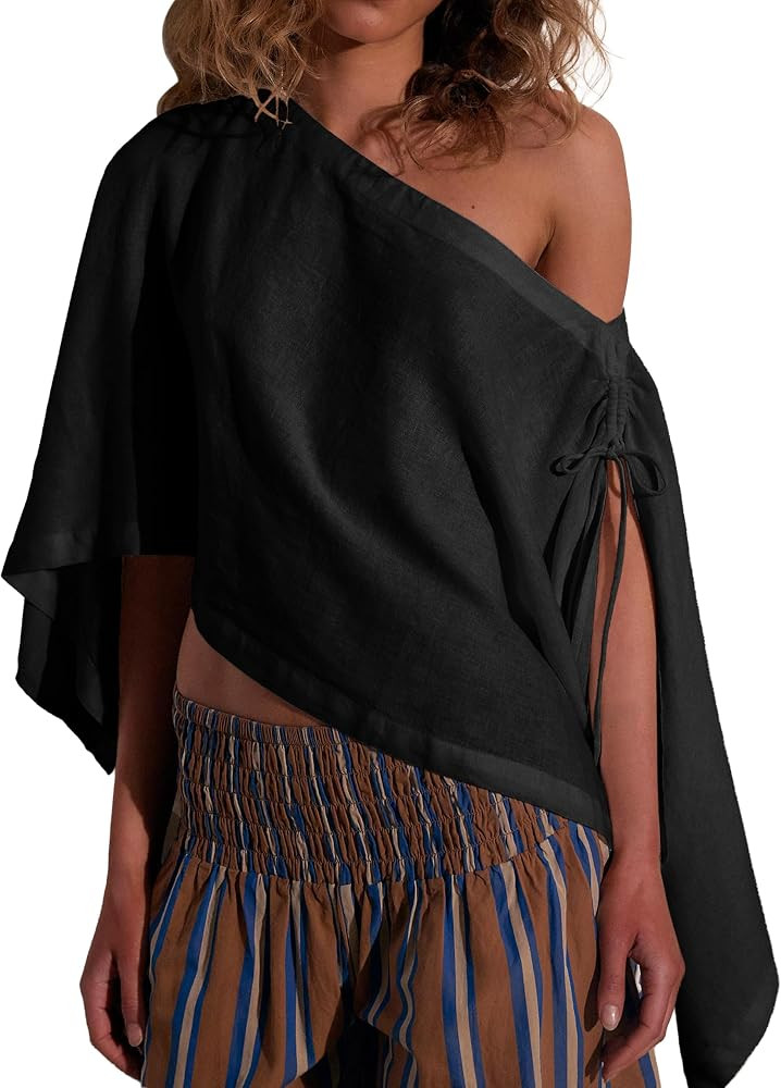 Womens Ruched Drawstring Cape Tops Summer Beach Loose Split Sleeve Coverup Casual Vacation Versatile Poncho Shawl | Amazon (US)