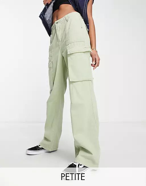 Bershka Petite straight leg cargo pants in khaki | ASOS (Global)