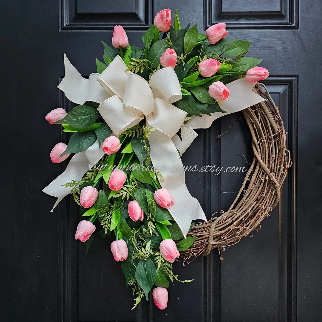 Pink Tulip Spring Wreath, Cream Bow, Front Door Easter Decor | Etsy (US)
