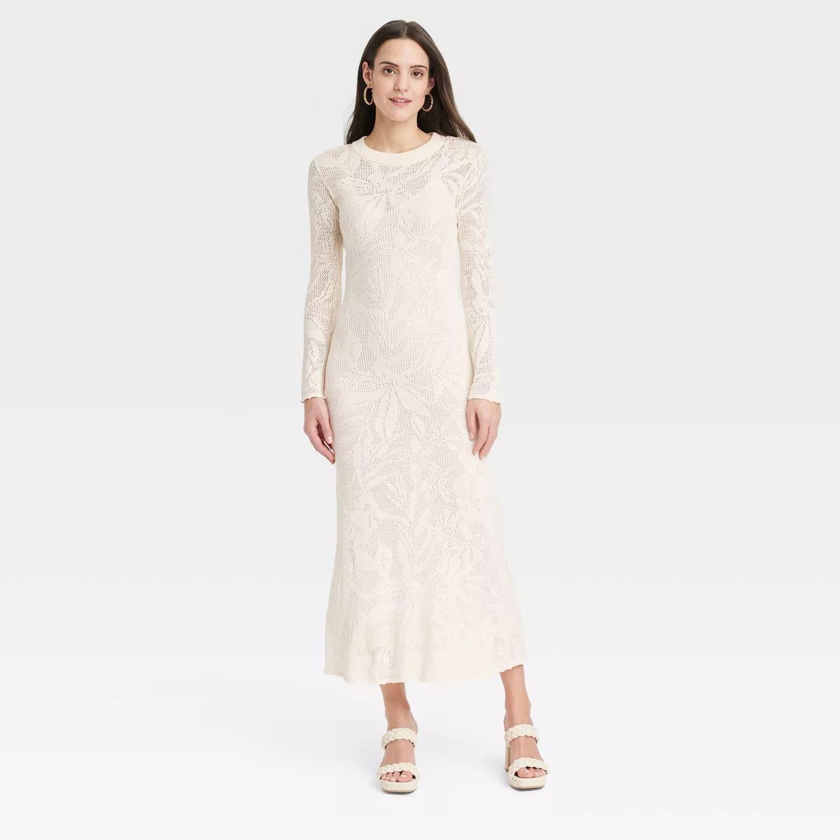 Women's Long Sleeve Maxi Pointelle Dress - A New Day™ Cream XS | Target