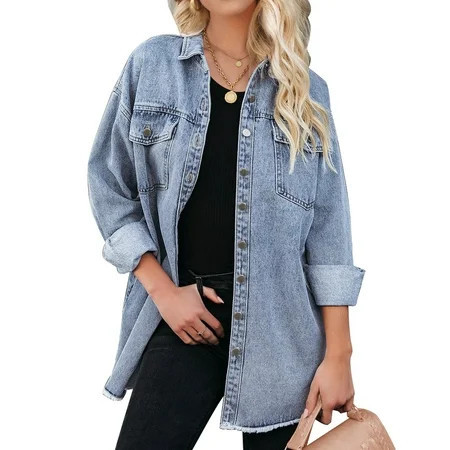 Luvamia Women’s Oversized Button Up Frayed Hem Shacket Long Sleeve Pockets Denim Jean Jacket, 2XL, Fit Size 20-22 | Walmart (US)