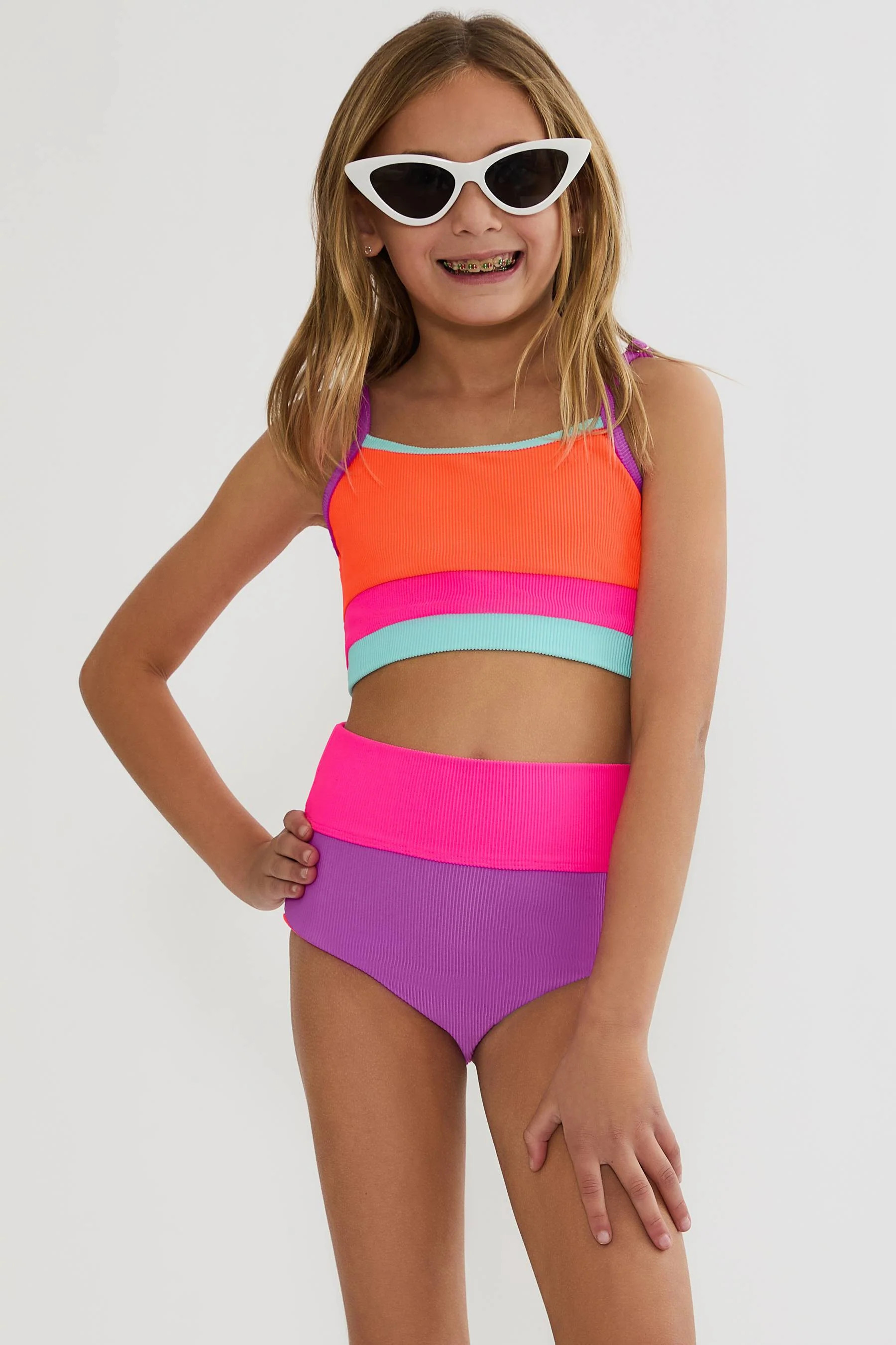 Little Eva & Emmie Set Vibrant Volley Colorblock | Neon Colorblock Girls Swim Set | Beach Riot | Beach Riot