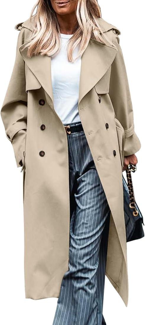 LILLUSORY Womens Double Breasted Long Trench Coat Dressy Overcoat with Belt Fall Winter Fashion T... | Amazon (US)