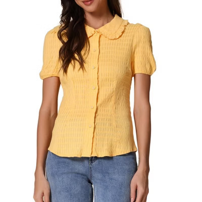 INSPIRE CHIC Women's Sweet Ruffle Trim Peter Pan Collar Button-Down Shirt Yellow 2 Medium | Target