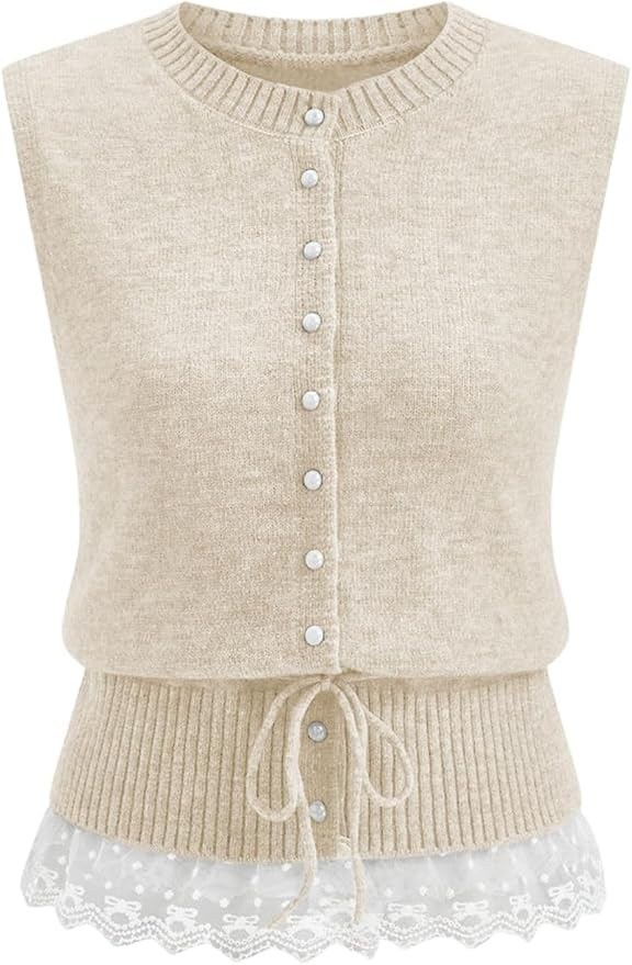 QIBABU Womens Sweater Vest Casual Button Down Sleeveless Cardigan Lace Hem Lightweight Knit Tank ... | Amazon (US)