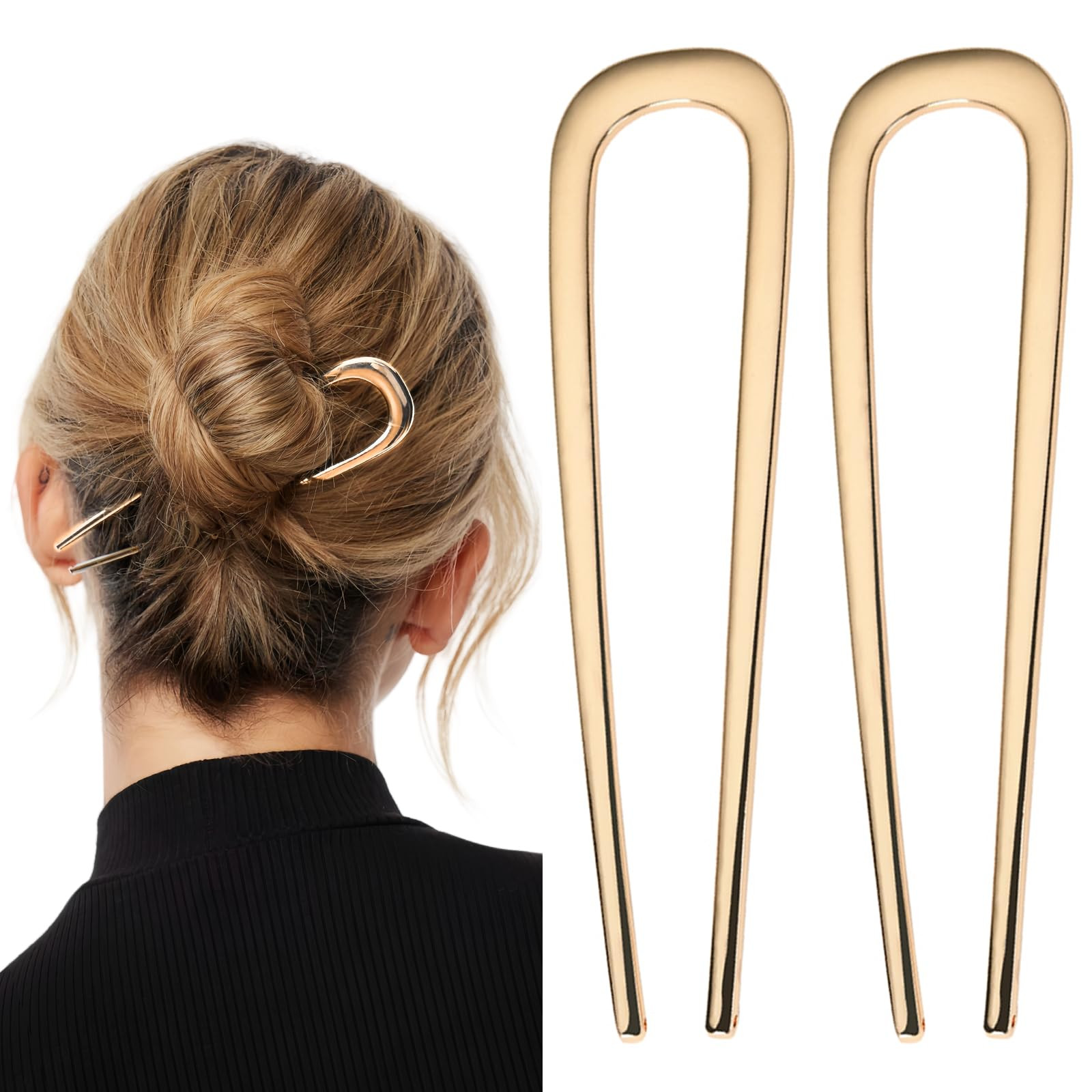 Metal French Hair Pins, 2 Pcs Gold Hair Pins for Women Girls, U-Shaped French Pins for Buns, Fren... | Amazon (US)