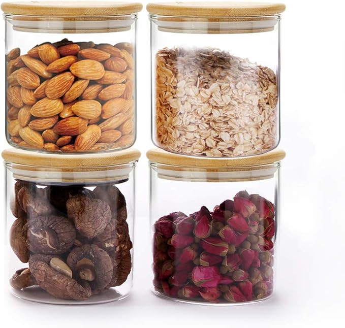 SIXAQUAE Glass Food Storage Containers Jar Seal Bamboo Lids 4 Packs 600ml Airtight Canister Organ... | Amazon (US)