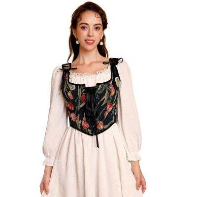 Women's Vintage Floral Corset Lace-Up Fishbone Print Vest Renaissance pirate costume Black Tulip L | Target