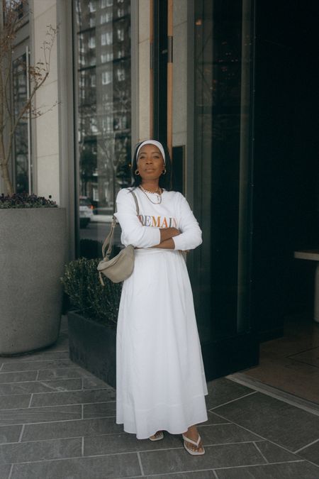 Graphic sweatshirt with white poplin maxi skirt white headband white sandals outfit. What I wore to afternoon tea 

#LTKstyletip #LTKfindsunder100