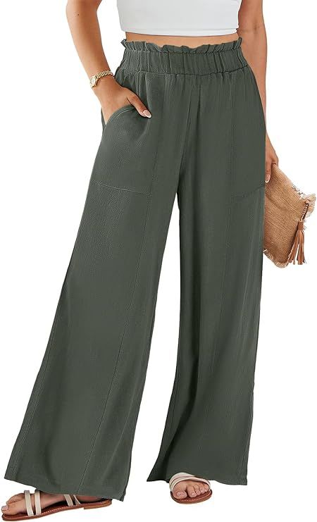 ANRABESS Women Linen Palazzo Pants 2024 Summer High Waist Wide Leg Pant Flowy Beach Trousers with... | Amazon (US)