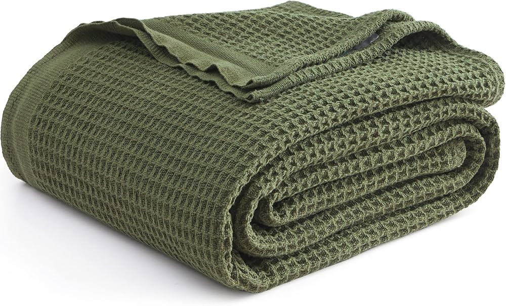 Bedsure 100% Cotton Blankets Queen Size for Bed - 405GSM Waffle Weave Blankets for Summer, Olive ... | Amazon (US)