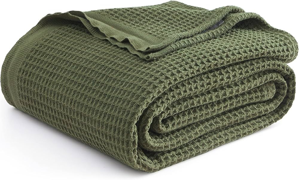 Bedsure 100% Cotton Blankets Queen Size for Bed - 405GSM Waffle Weave Blankets for Summer, Olive ... | Amazon (US)
