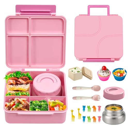 Bento Box for Kids Lunch box with Leak Proof Thermos Food Jar, Food Lunch Containers for Girls with 4 Compartments, Food Picks, Sauce Jar(Pink) | Amazon (US)