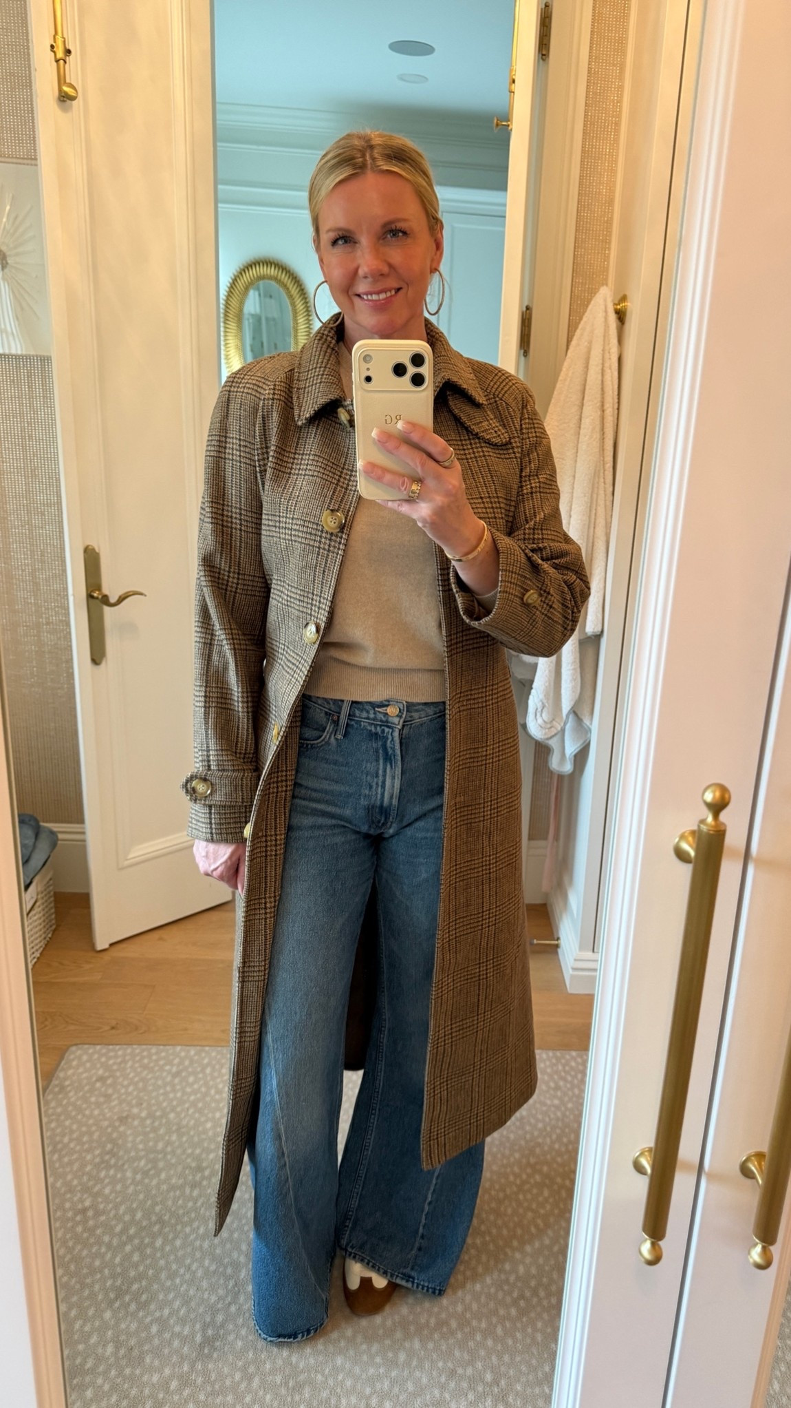 Fall closet staples! The most comfy jeans ever! Size down for a more fitted look. The best monogram-able cashmere seater and wool plaid jacket and fashion tennis shoes

#LTKOver40 #LTKootd #LTKSeasonal